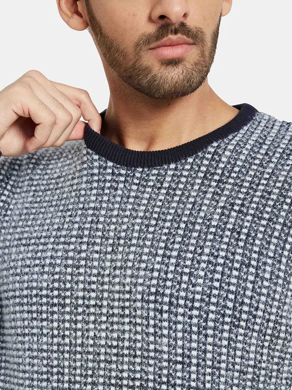 Mettle Men Navy Blue White Checked Pullover