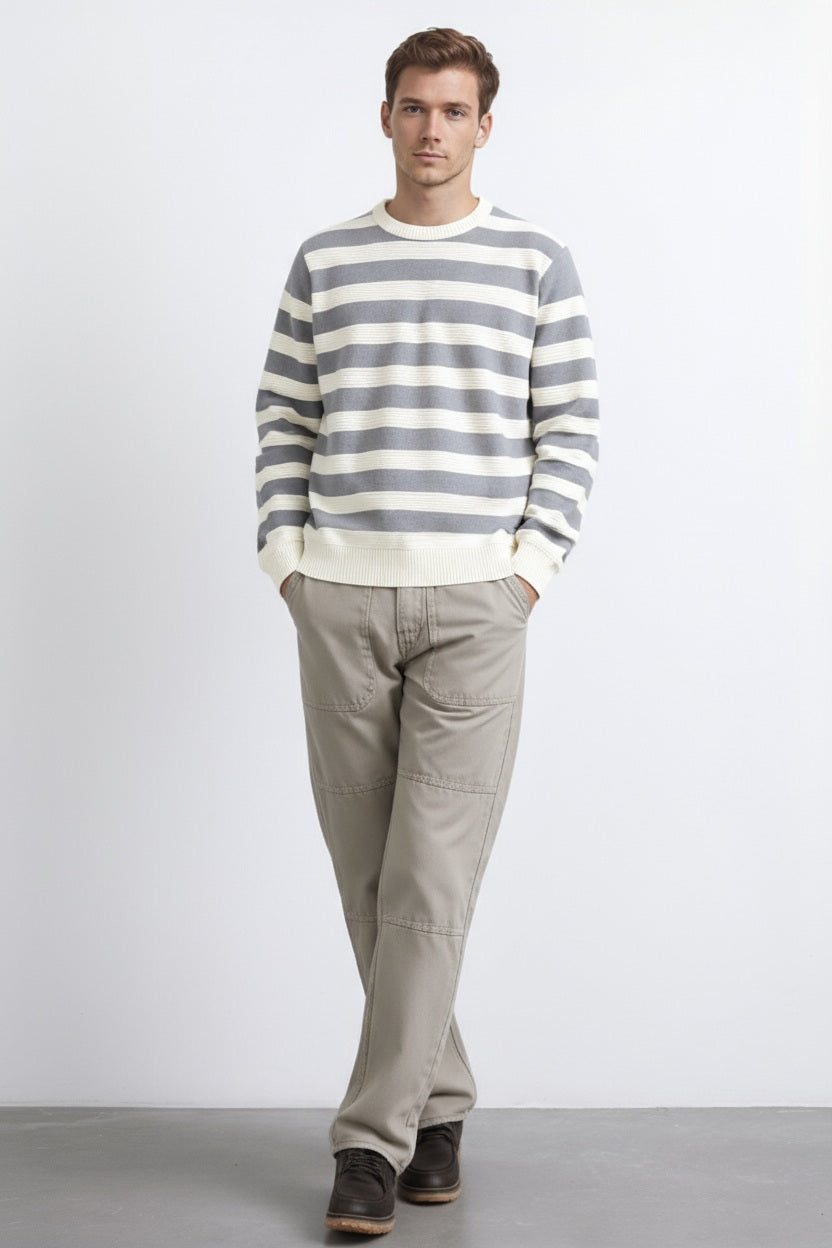 Men Grey Melange Striped Round Neck Pullover Sweater