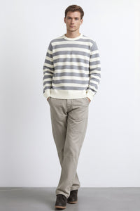 Men Grey Melange Striped Round Neck Pullover Sweater