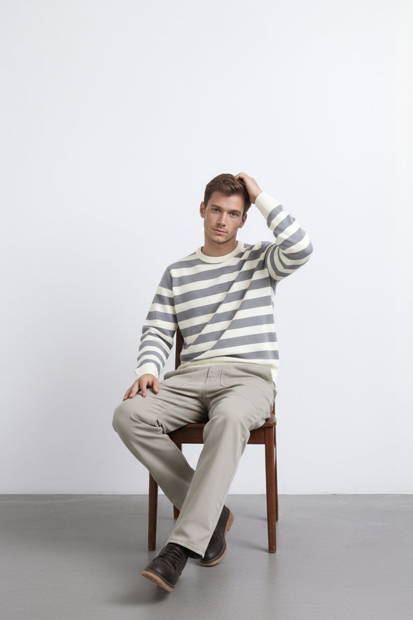 Men Grey Melange Striped Round Neck Pullover Sweater