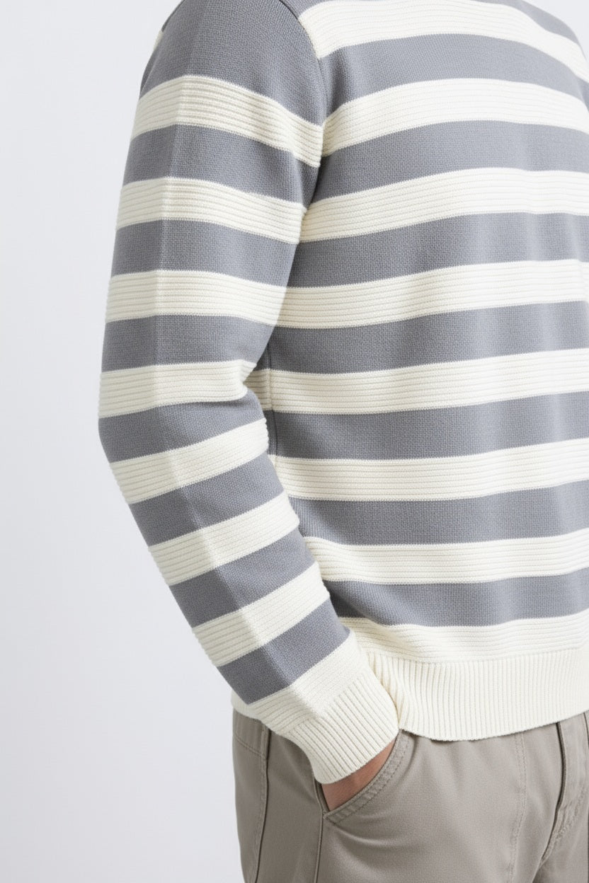 Men Grey Melange Striped Round Neck Pullover Sweater
