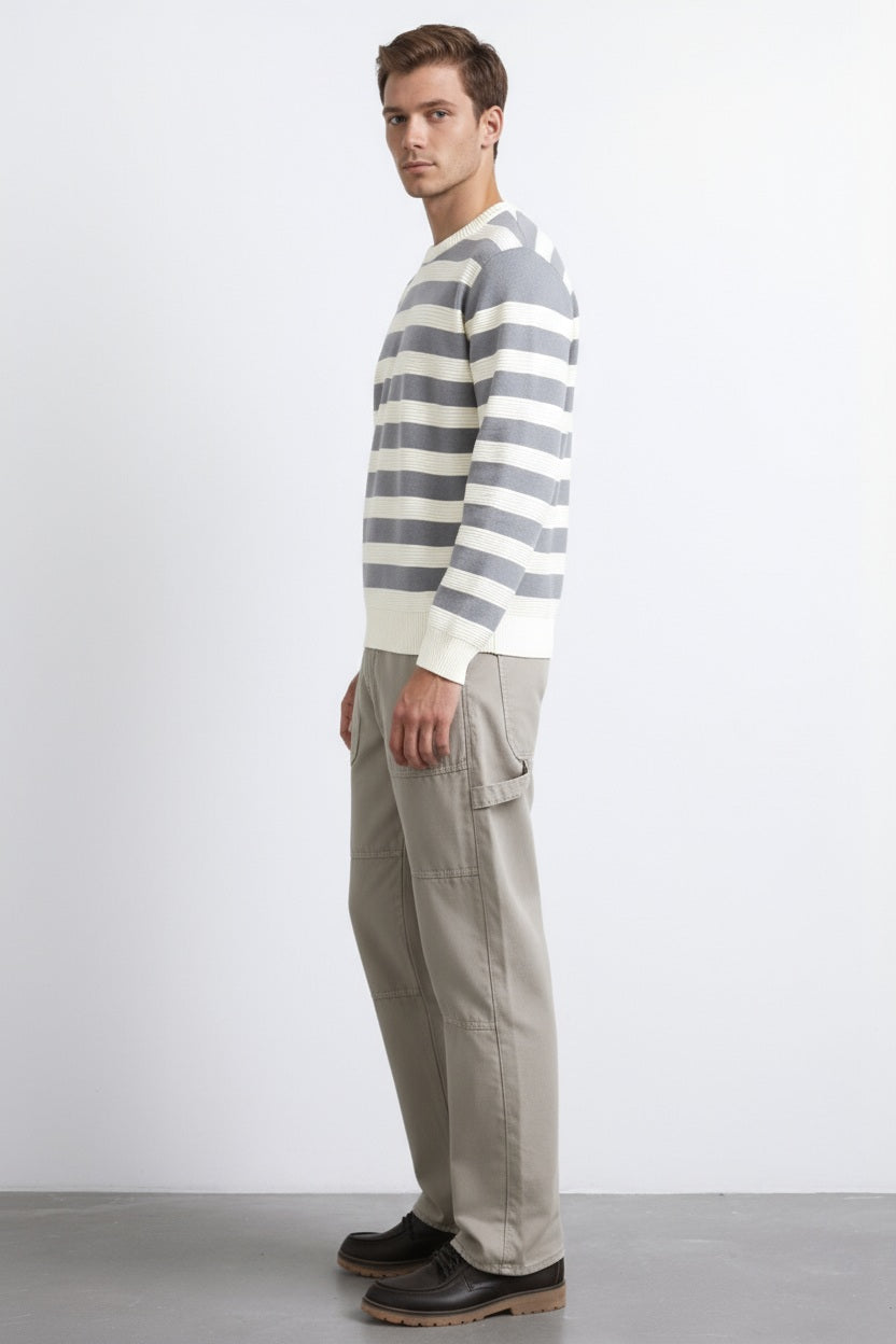 Men Grey Melange Striped Round Neck Pullover Sweater