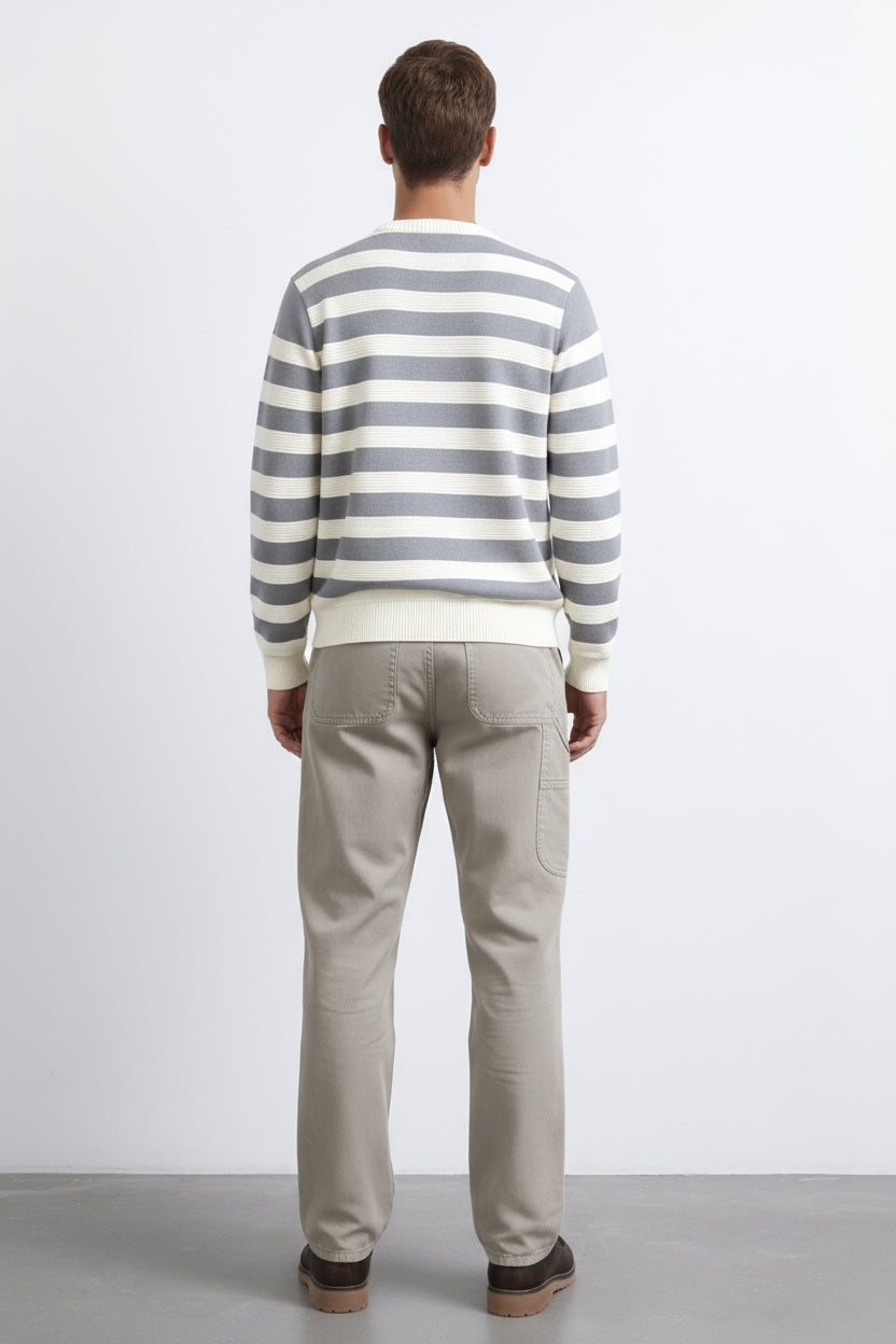 Men Grey Melange Striped Round Neck Pullover Sweater