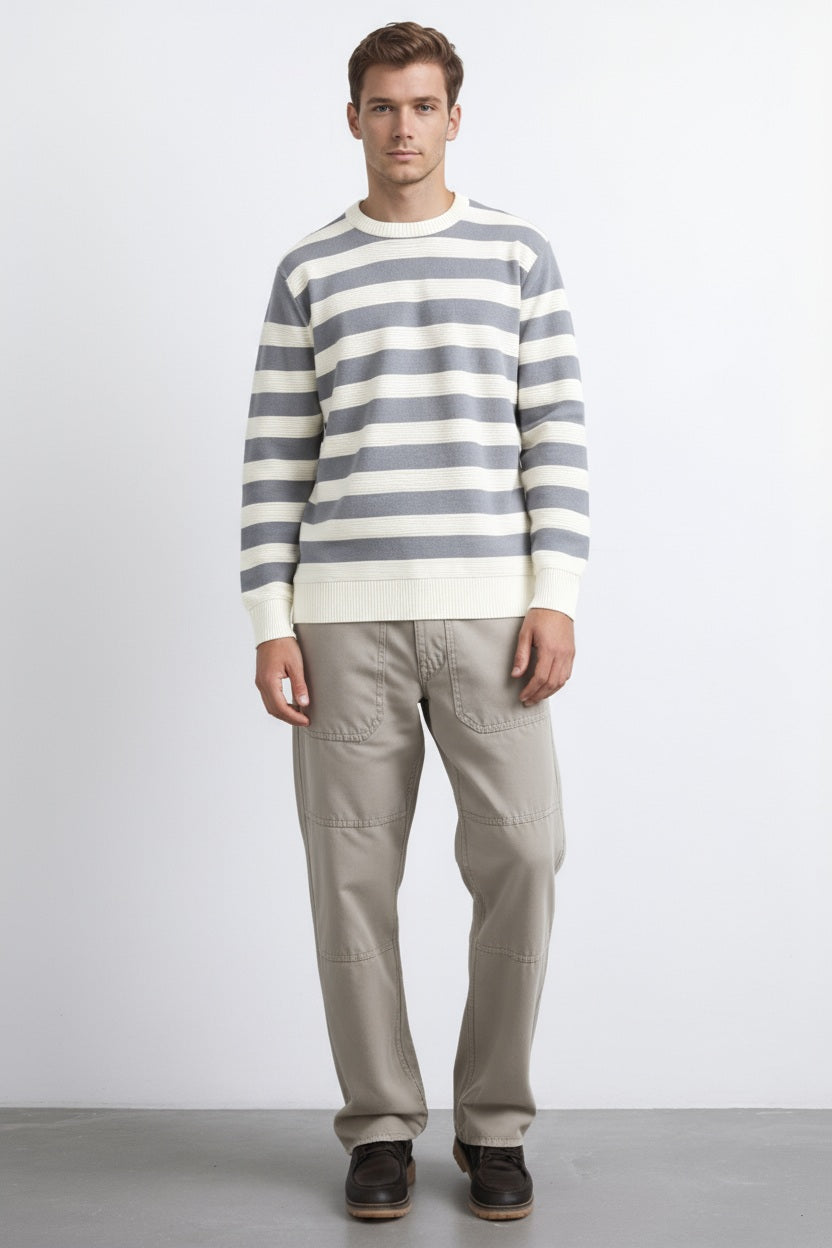 Men Grey Melange Striped Round Neck Pullover Sweater