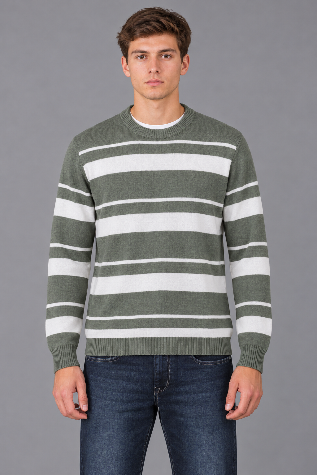 Men’s Green Melange Striped Regular Fit Cotton Knitted Sweater