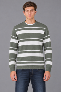 Men’s Green Melange Striped Regular Fit Cotton Knitted Sweater