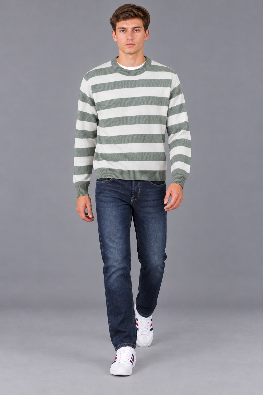 Men’s Green Melange Striped Regular Fit Cotton Knitted Sweater
