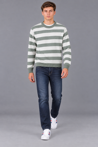 Men’s Green Melange Striped Regular Fit Cotton Knitted Sweater