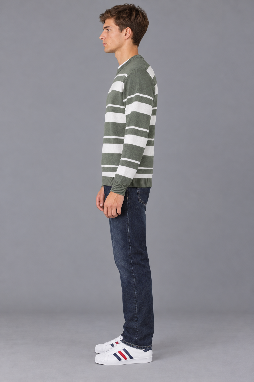 Men’s Green Melange Striped Regular Fit Cotton Knitted Sweater