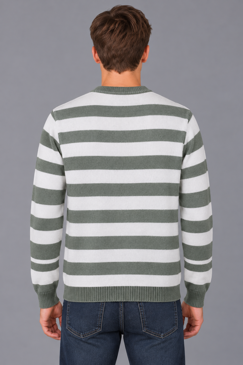 Men’s Green Melange Striped Regular Fit Cotton Knitted Sweater