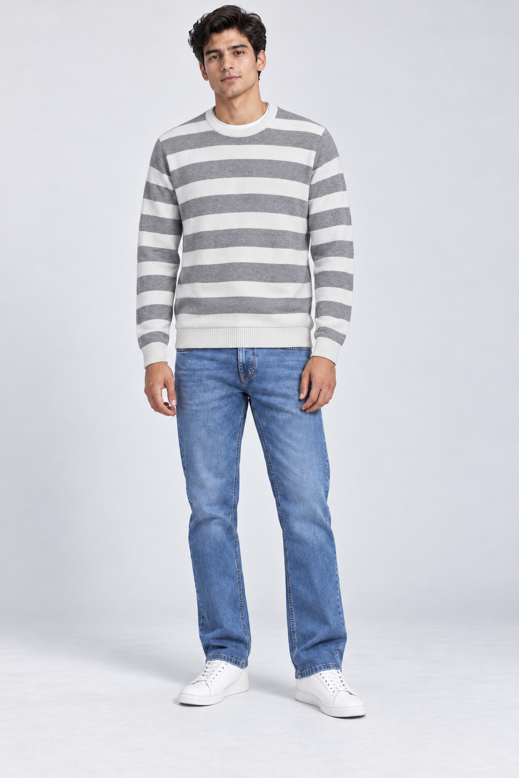 Men’s Regular Fit Knitted Cotton Striped Crew Neck Sweater – Grey