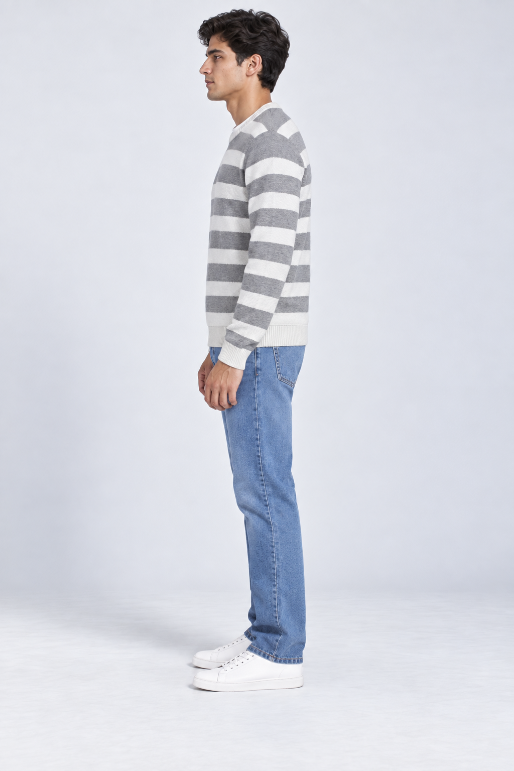Men’s Regular Fit Knitted Cotton Striped Crew Neck Sweater – Grey
