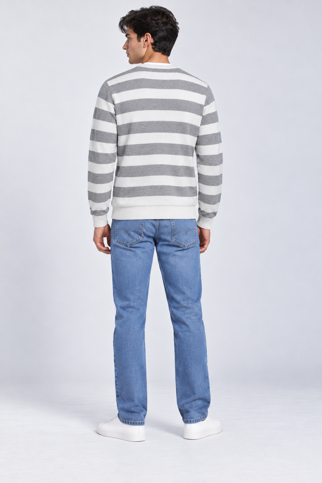 Men’s Regular Fit Knitted Cotton Striped Crew Neck Sweater – Grey