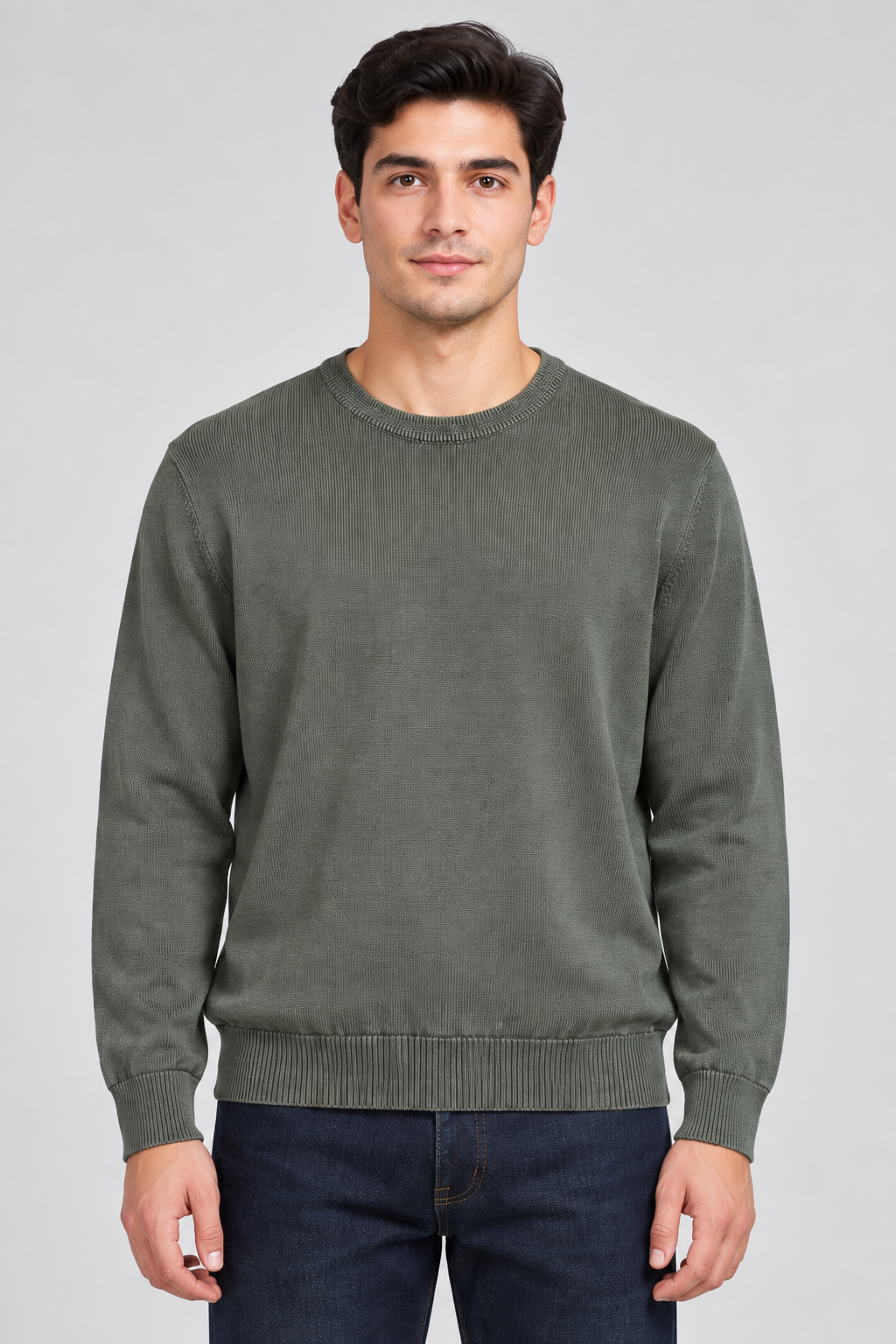 Men's Cotton Overdyed Knitted Sweater – Olive | Regular Fit |