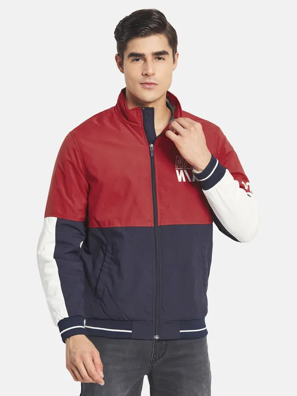 Mettle Men Red Colourblocked Crop Bomber With Embroidered Jacket