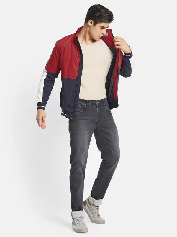 Mettle Men Red Colourblocked Crop Bomber With Embroidered Jacket