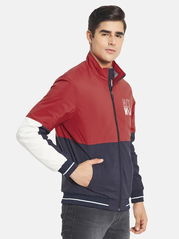 Mettle Men Red Colourblocked Crop Bomber With Embroidered Jacket