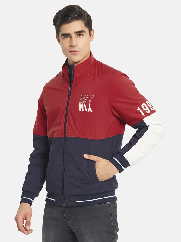 Mettle Men Red Colourblocked Crop Bomber With Embroidered Jacket