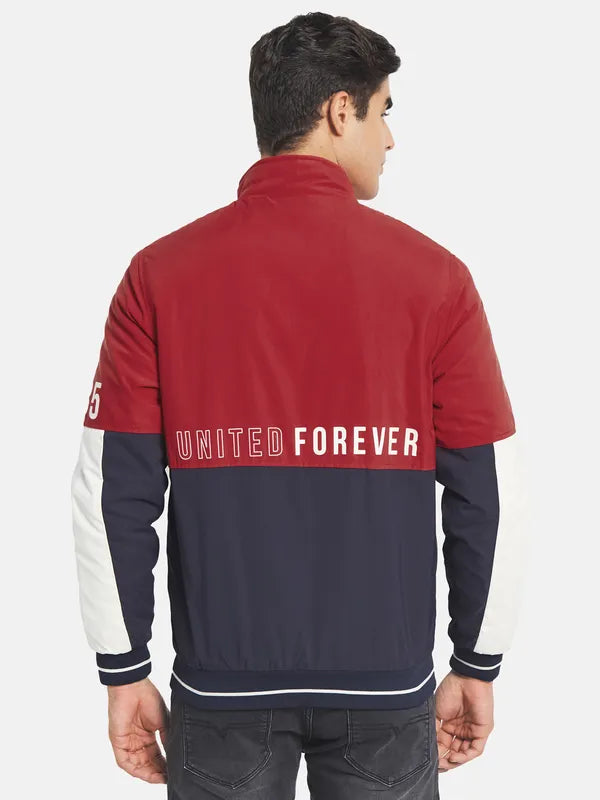 Mettle Men Red Colourblocked Crop Bomber With Embroidered Jacket