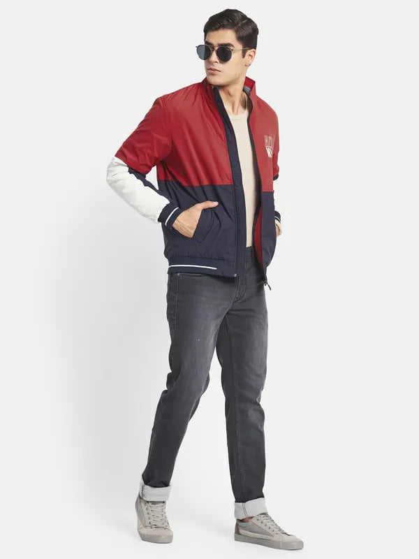 Mettle Men Red Colourblocked Crop Bomber With Embroidered Jacket