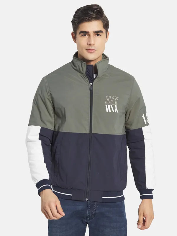 Mettle Men Olive Green Colourblocked Crop Bomber With Embroidered Jacket