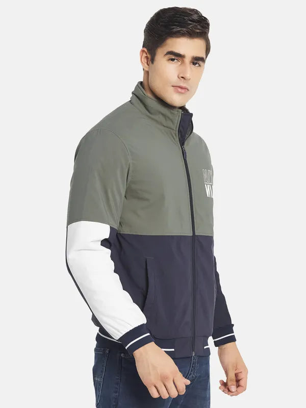 Mettle Men Olive Green Colourblocked Crop Bomber With Embroidered Jacket