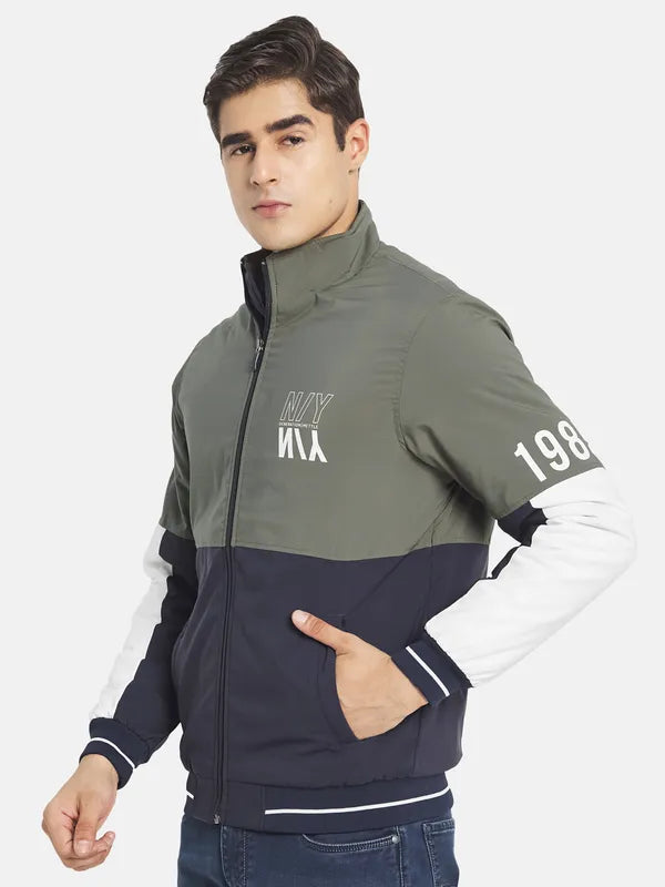 Mettle Men Olive Green Colourblocked Crop Bomber With Embroidered Jacket