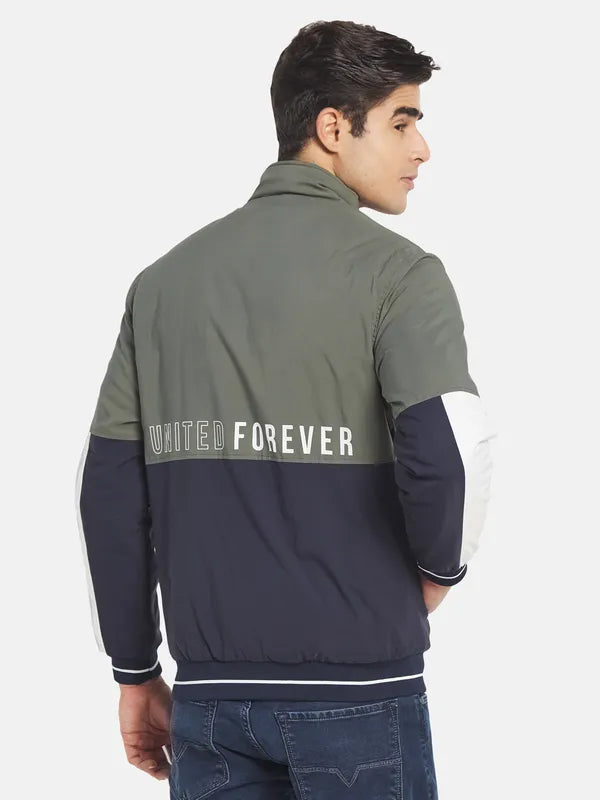 Mettle Men Olive Green Colourblocked Crop Bomber With Embroidered Jacket