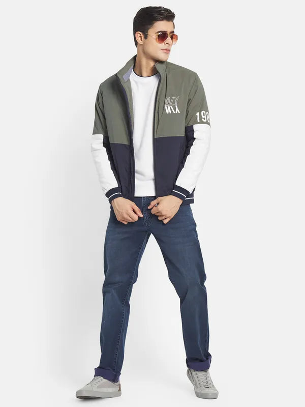 Mettle Men Olive Green Colourblocked Crop Bomber With Embroidered Jacket