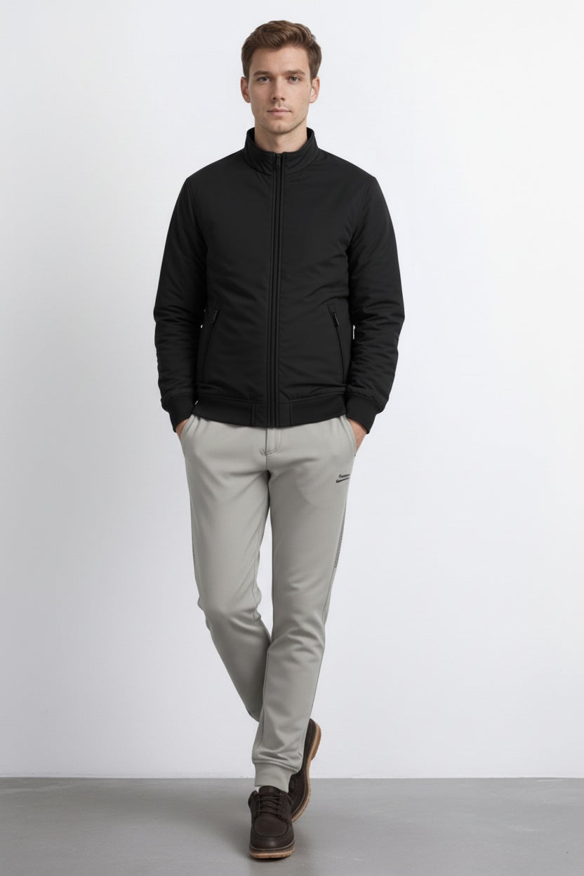 Men Black Mock Collar Solid Bomber Jacket