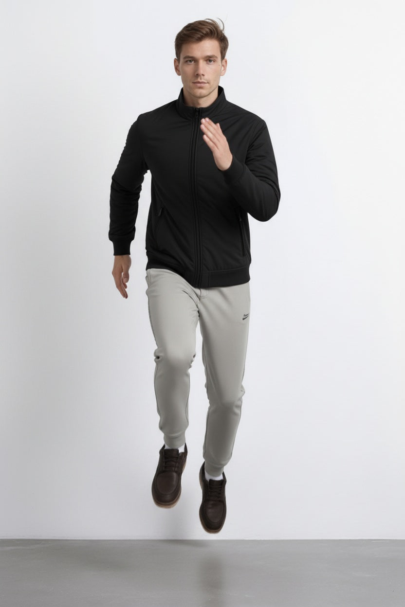 Men Black Mock Collar Solid Bomber Jacket