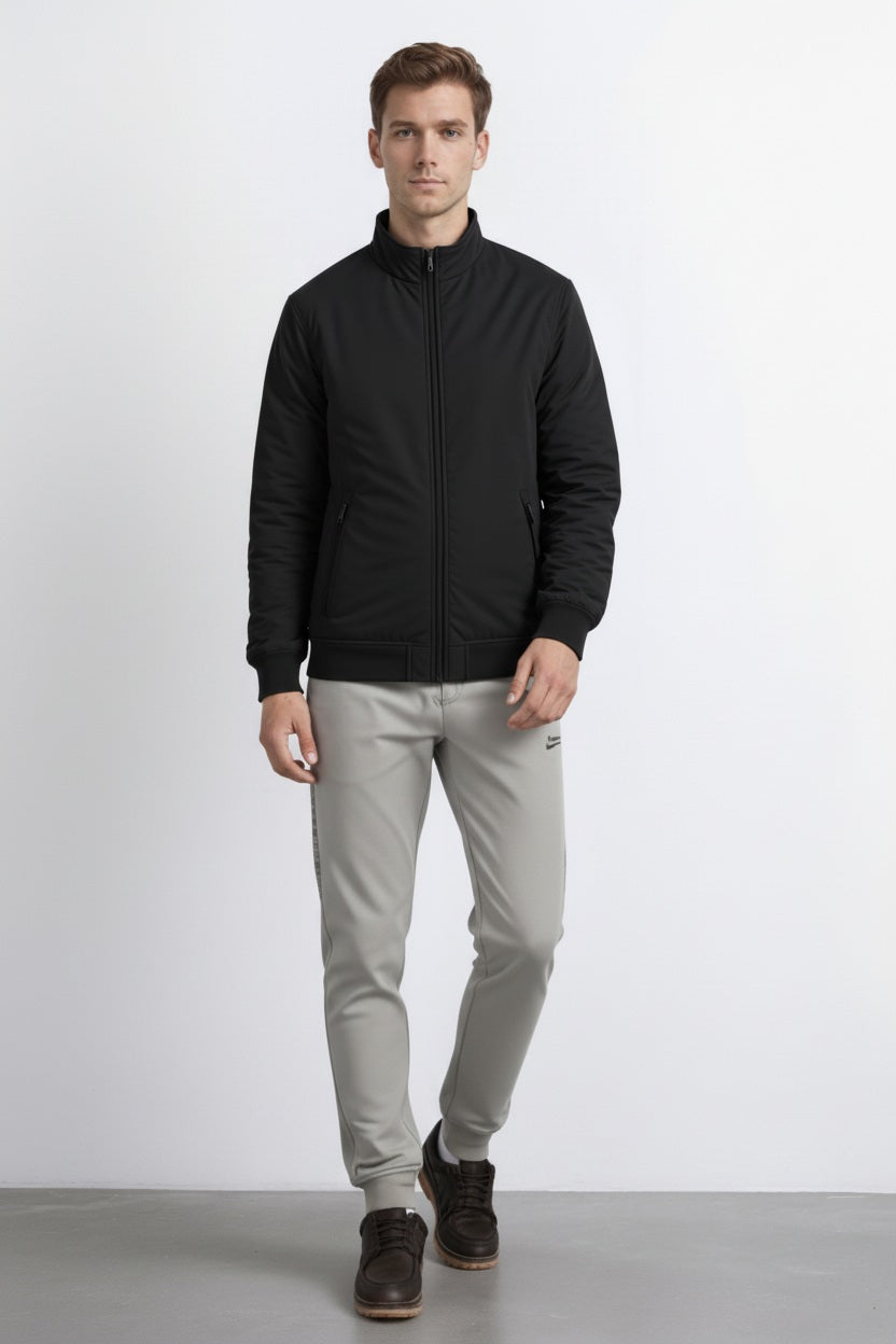 Men Black Mock Collar Solid Bomber Jacket