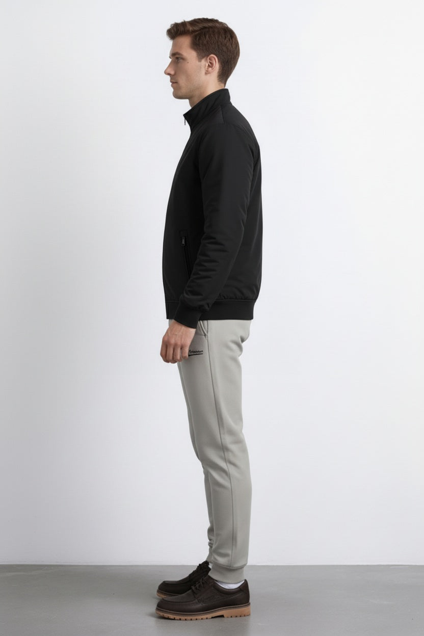 Men Black Mock Collar Solid Bomber Jacket