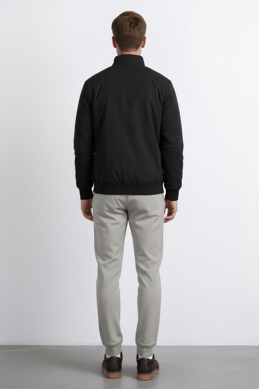 Men Black Mock Collar Solid Bomber Jacket
