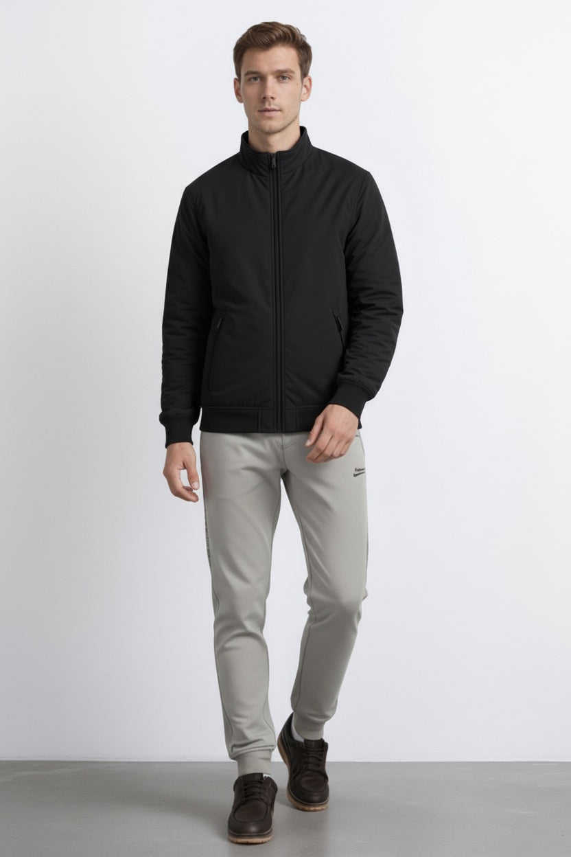Men Black Mock Collar Solid Bomber Jacket