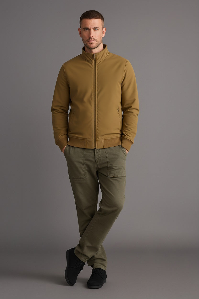 Men Tan Mock Collar Solid Bomber Jacket