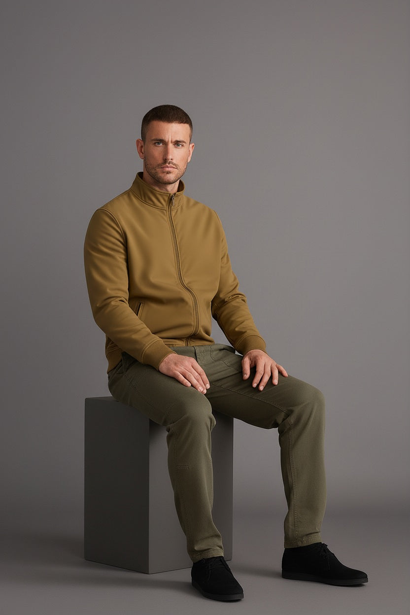Men Tan Mock Collar Solid Bomber Jacket