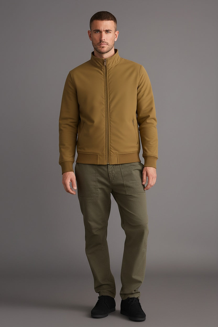 Men Tan Mock Collar Solid Bomber Jacket