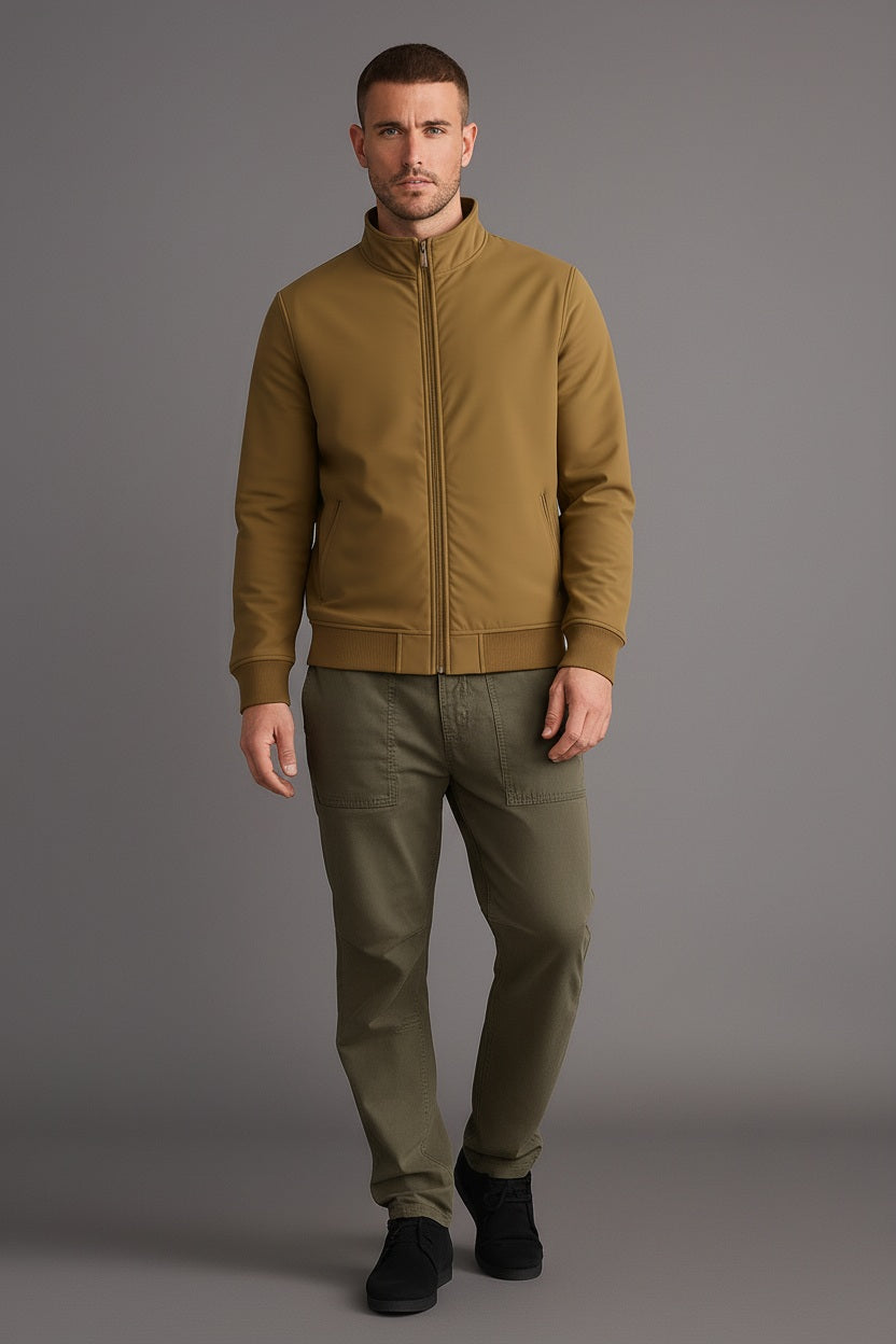 Men Tan Mock Collar Solid Bomber Jacket