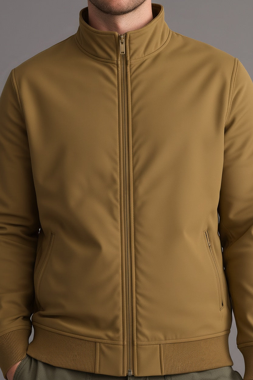 Men Tan Mock Collar Solid Bomber Jacket