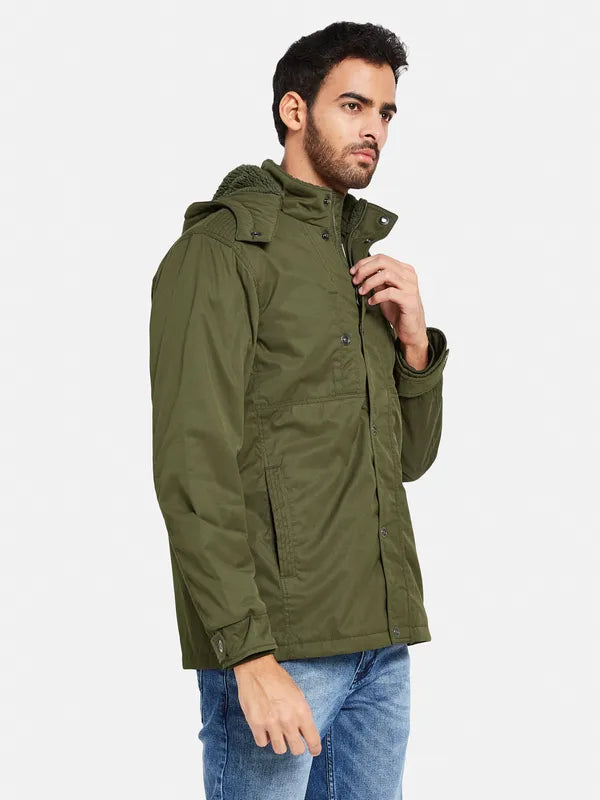 Mettle Men Olive Green Camouflage Striped Longline Padded Jacket