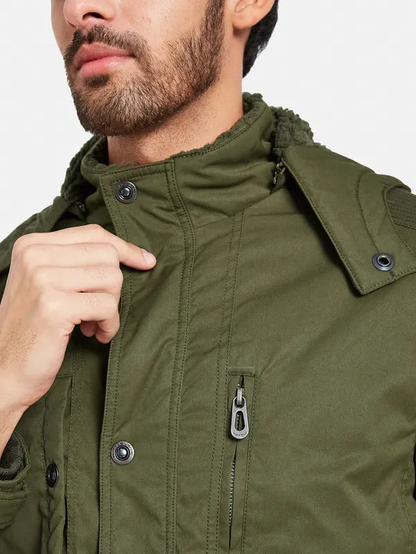 Mettle Men Olive Green Camouflage Striped Longline Padded Jacket