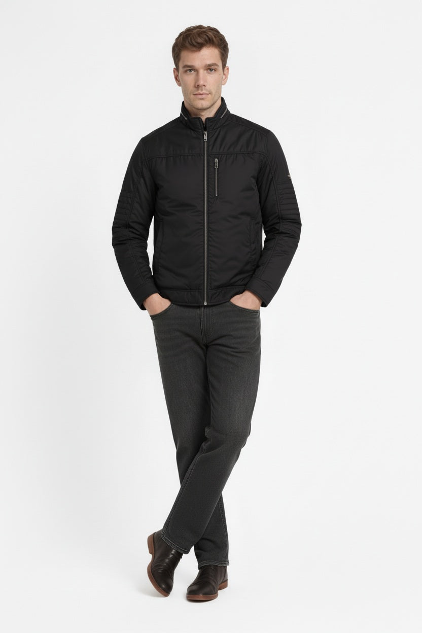 Men Black Mandarin Collar Long Sleeves Cotton Tailored Jacket With Zip Detail