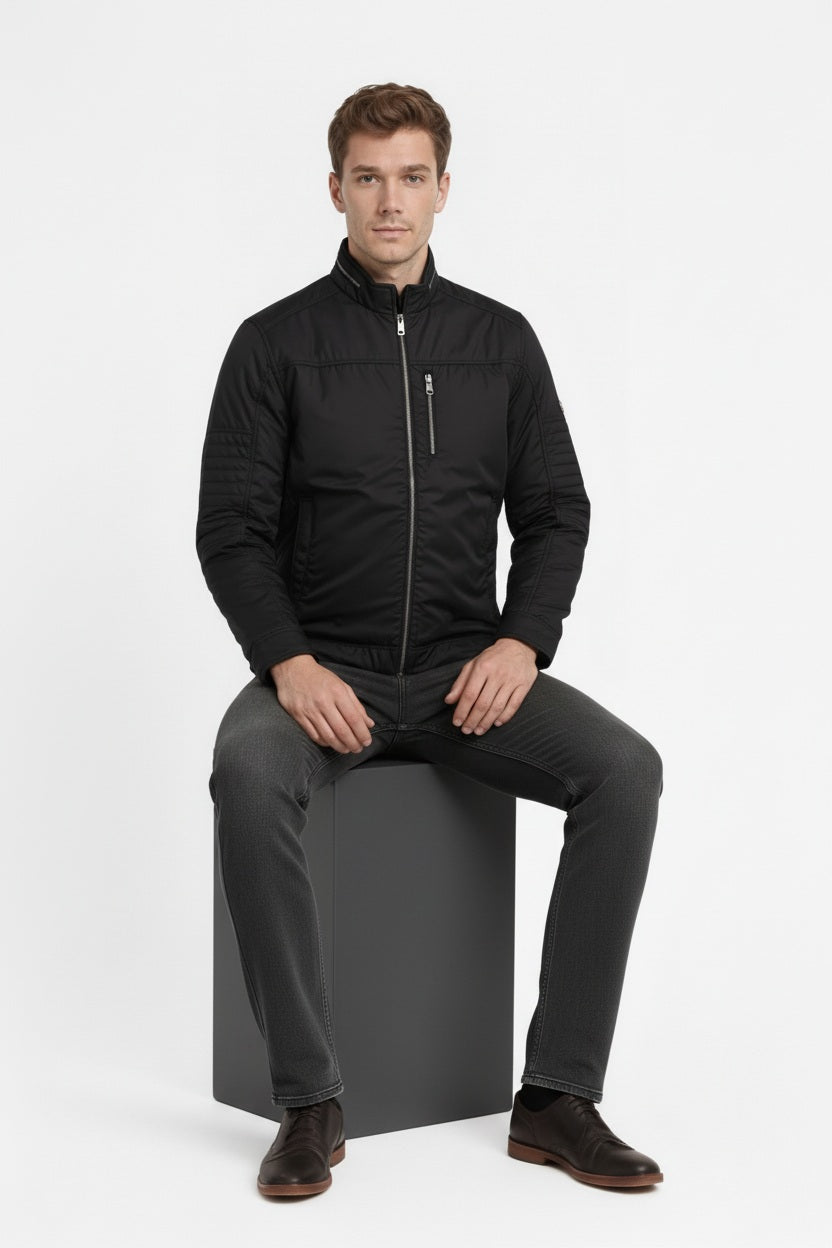 Men Black Mandarin Collar Long Sleeves Cotton Tailored Jacket With Zip Detail