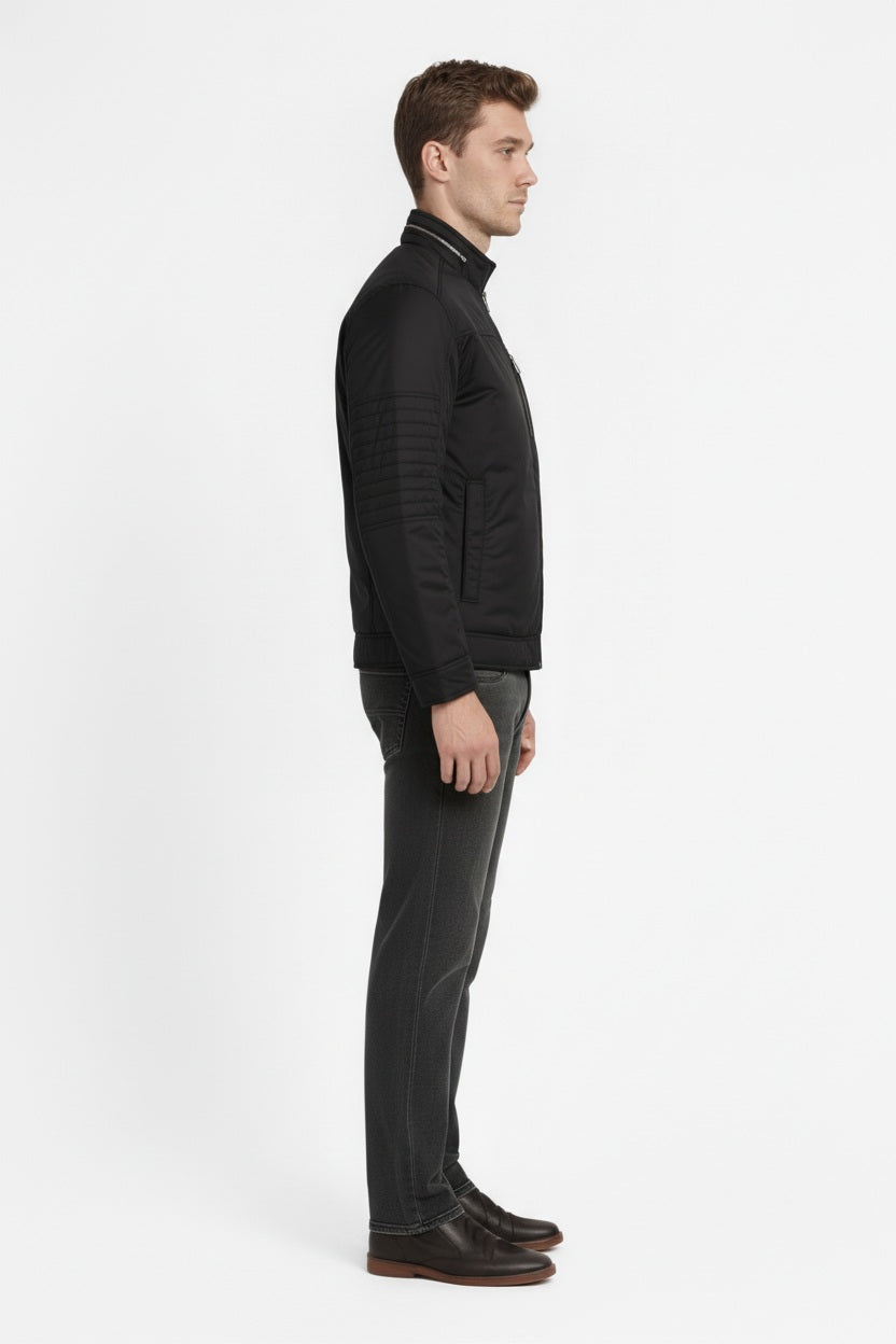 Men Black Mandarin Collar Long Sleeves Cotton Tailored Jacket With Zip Detail