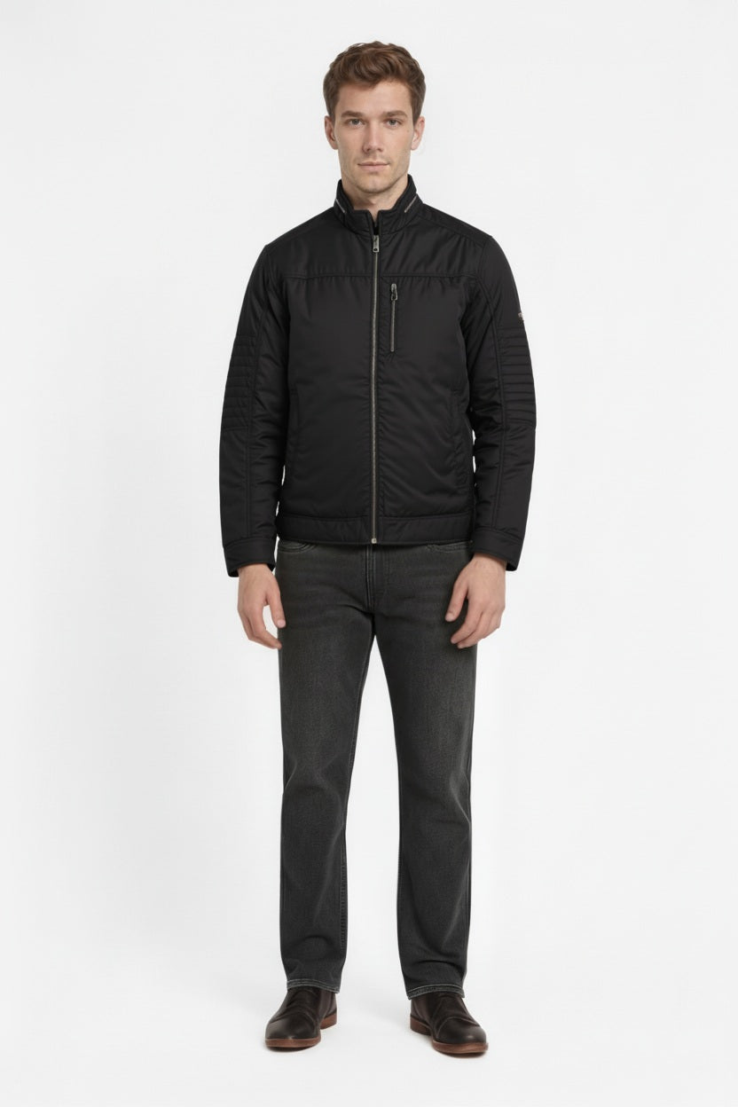 Men Black Mandarin Collar Long Sleeves Cotton Tailored Jacket With Zip Detail
