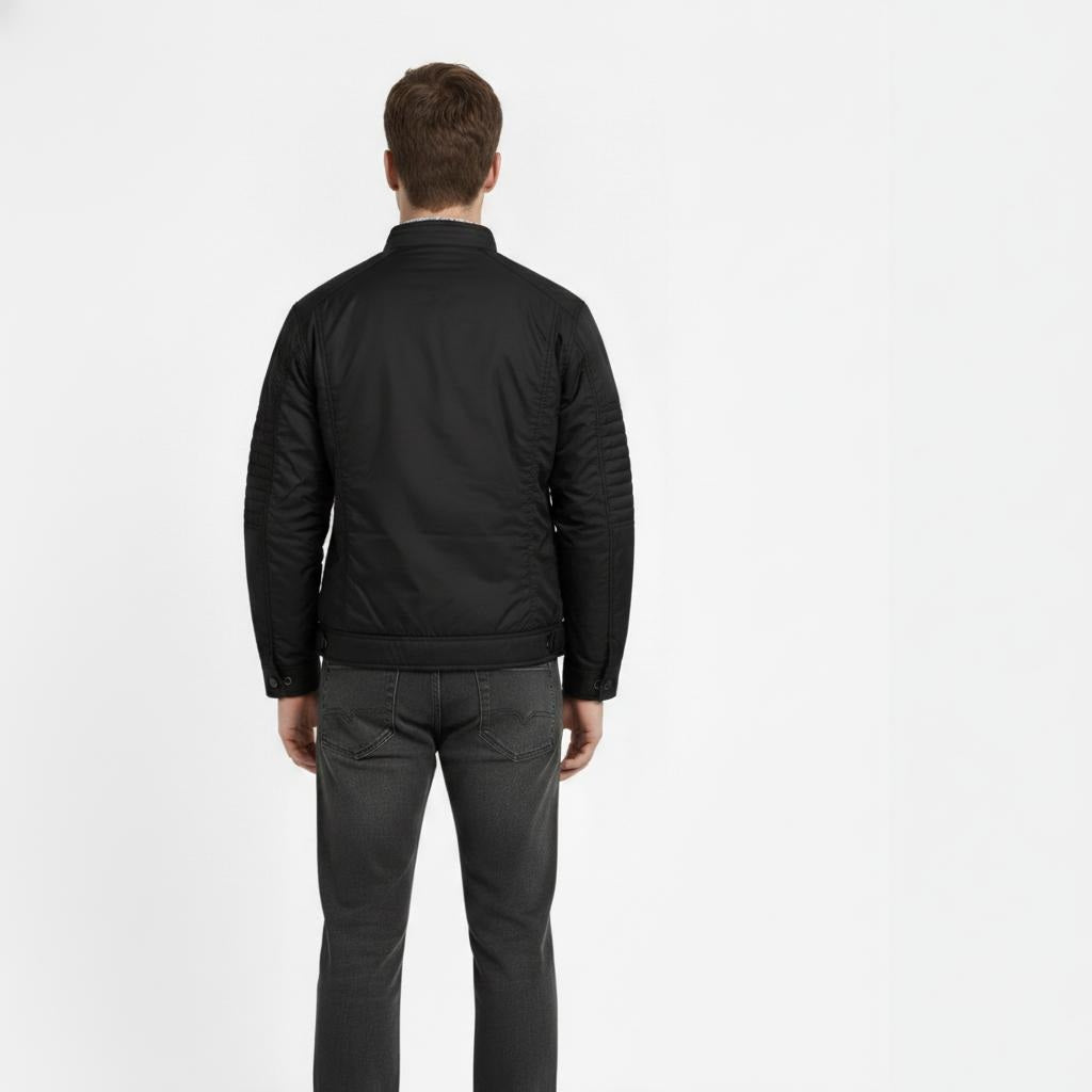 Men Black Mandarin Collar Long Sleeves Cotton Tailored Jacket With Zip Detail