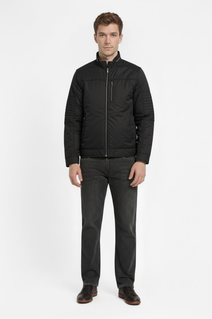 Men Black Mandarin Collar Long Sleeves Cotton Tailored Jacket With Zip Detail