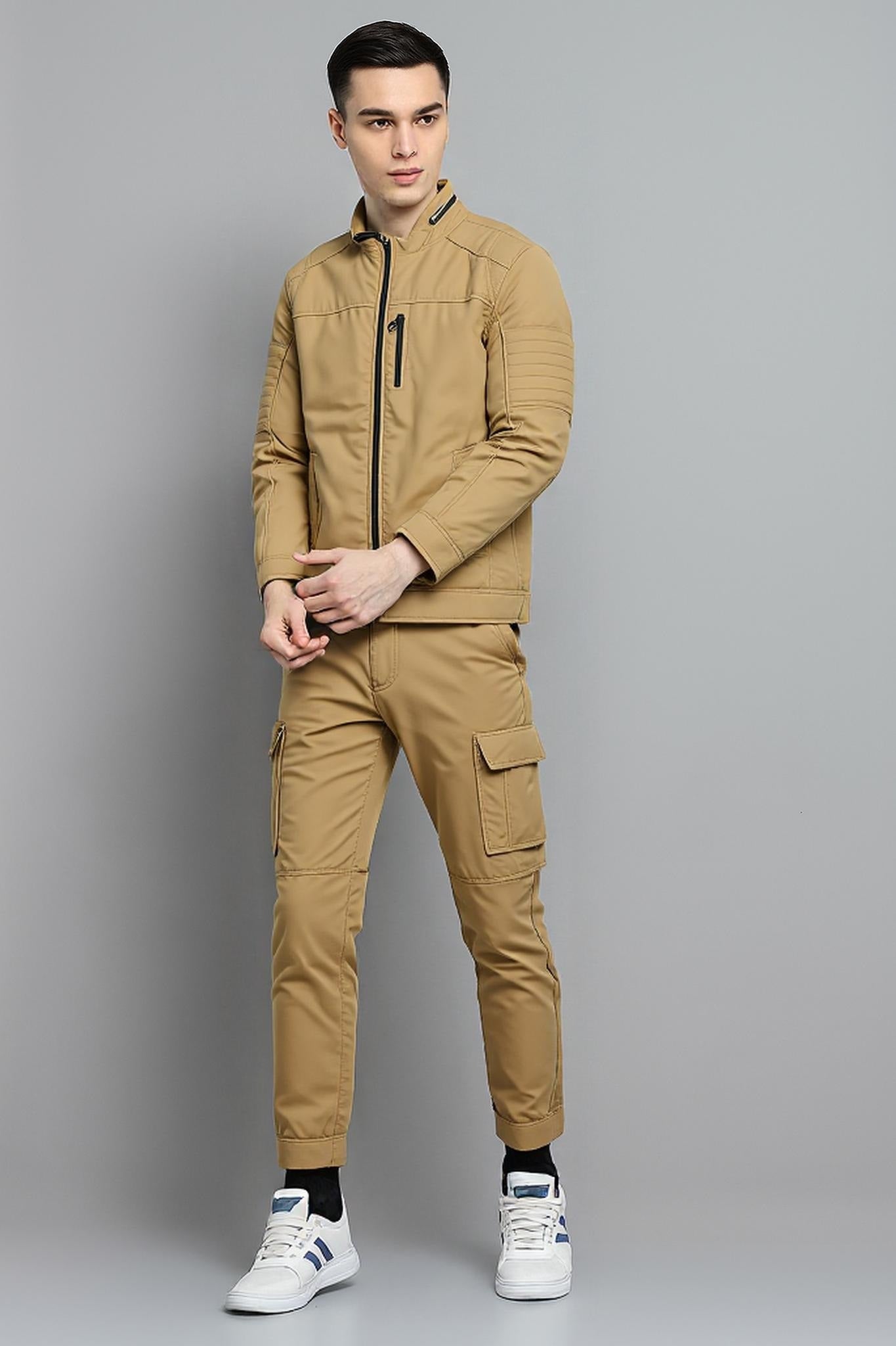 Men Khaki  Mandarin Collar Long Sleeves Cotton Tailored Jacket With Zip Detail