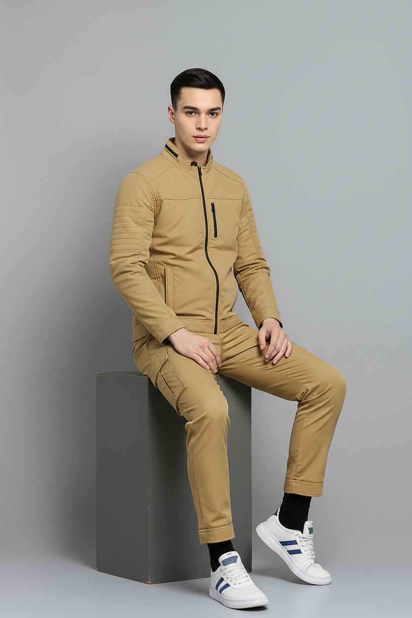 Men Khaki  Mandarin Collar Long Sleeves Cotton Tailored Jacket With Zip Detail